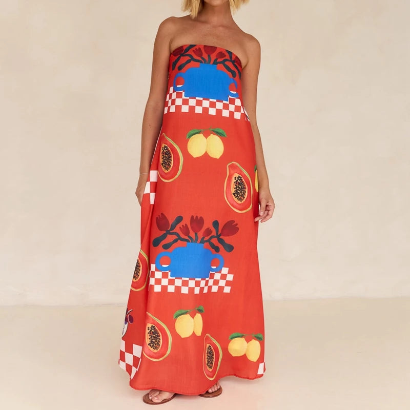 Beach Holiday Strapless Maxi Tube Dress Vintage Fruit Print Backless Swing Loose Dress Women Summer Boho Off Shoulder Long Dress