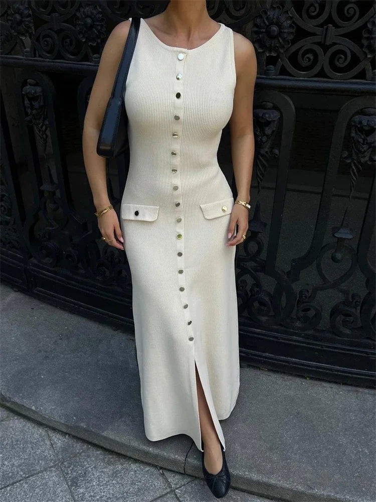 Knit Ribbed Cardigan Maxi Dress Female High Waist Slim Pocket Sleeveless Elegant Party Dress Women's Knitwear Long Dress
