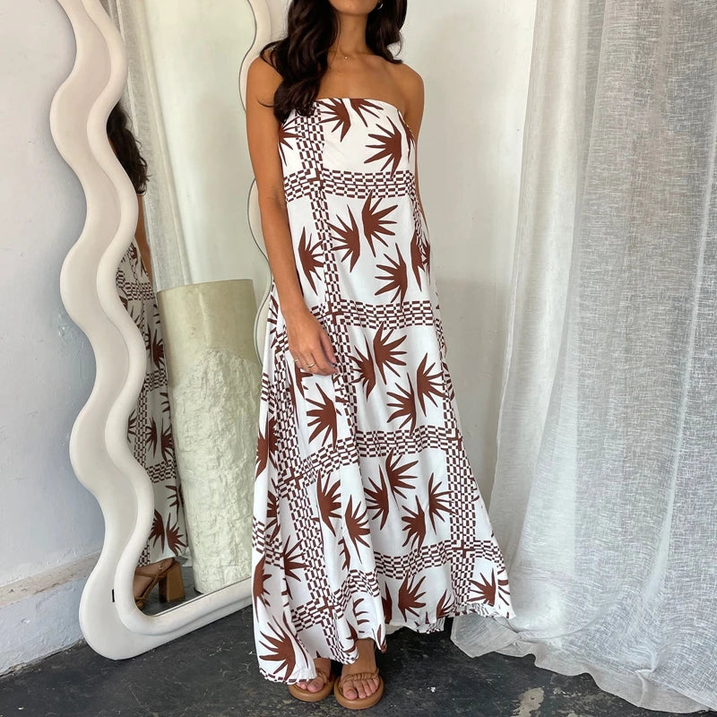 Beach Holiday Strapless Maxi Tube Dress Vintage Fruit Print Backless Swing Loose Dress Women Summer Boho Off Shoulder Long Dress