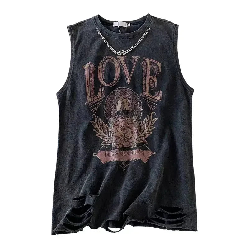 Harajuku Vintage Distressed Washed Ripped Vest T-shirt Women Summer Loose Print Sleeveless Top Trend Y2k Top Aesthetic Clothes