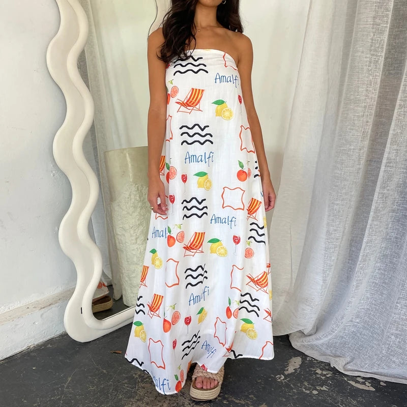 Beach Holiday Strapless Maxi Tube Dress Vintage Fruit Print Backless Swing Loose Dress Women Summer Boho Off Shoulder Long Dress