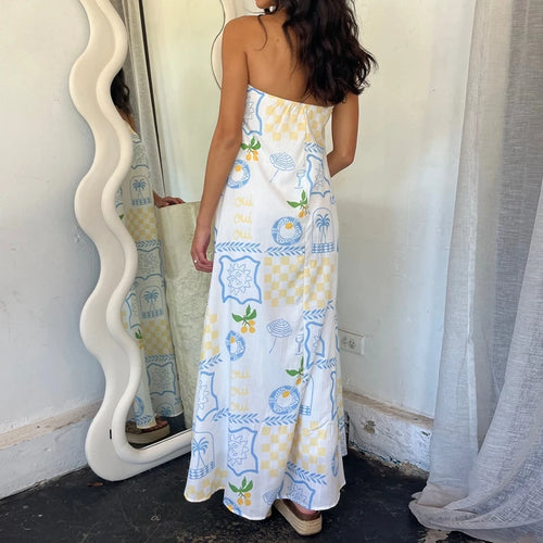 Beach Holiday Strapless Maxi Tube Dress Vintage Fruit Print Backless Swing Loose Dress Women Summer Boho Off Shoulder Long Dress