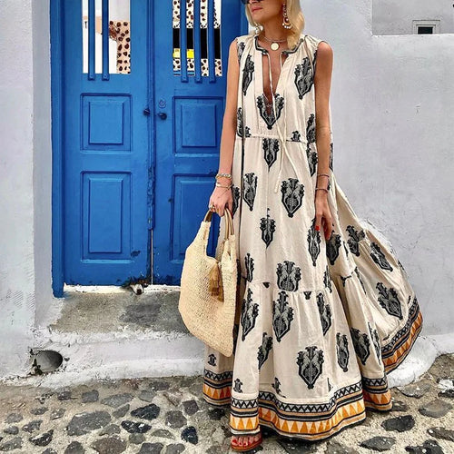BAMBOOBOY Women Bohemian Dress Deep V Neck A-Line Sleeveless Print Retro Maxi Dresses High Waist Loose Floor-Length Long Dress