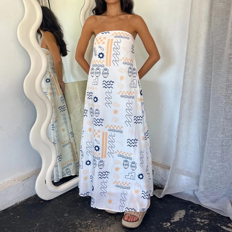 Beach Holiday Strapless Maxi Tube Dress Vintage Fruit Print Backless Swing Loose Dress Women Summer Boho Off Shoulder Long Dress