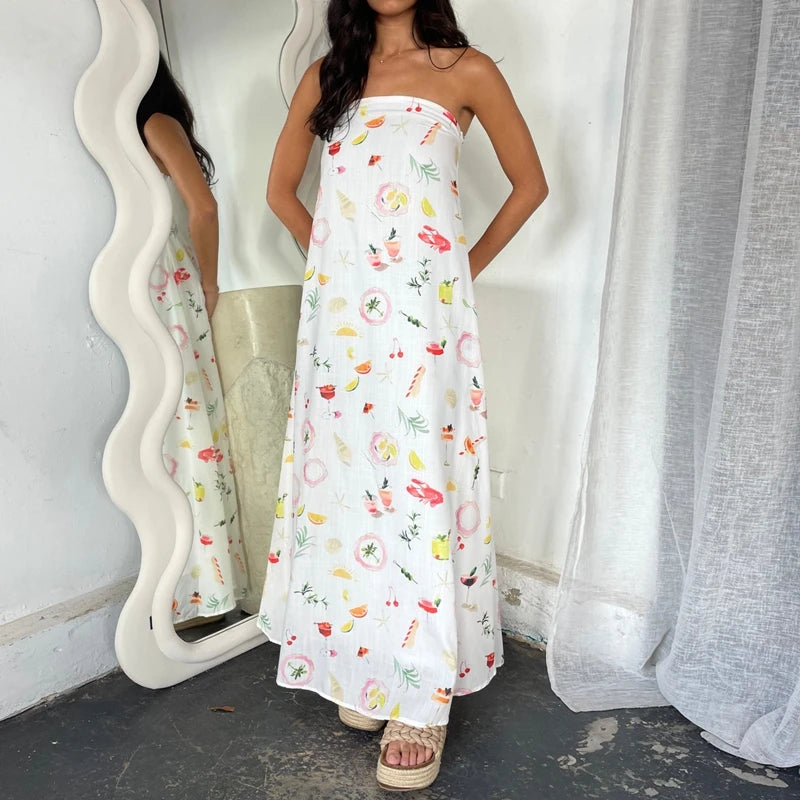 Beach Holiday Strapless Maxi Tube Dress Vintage Fruit Print Backless Swing Loose Dress Women Summer Boho Off Shoulder Long Dress