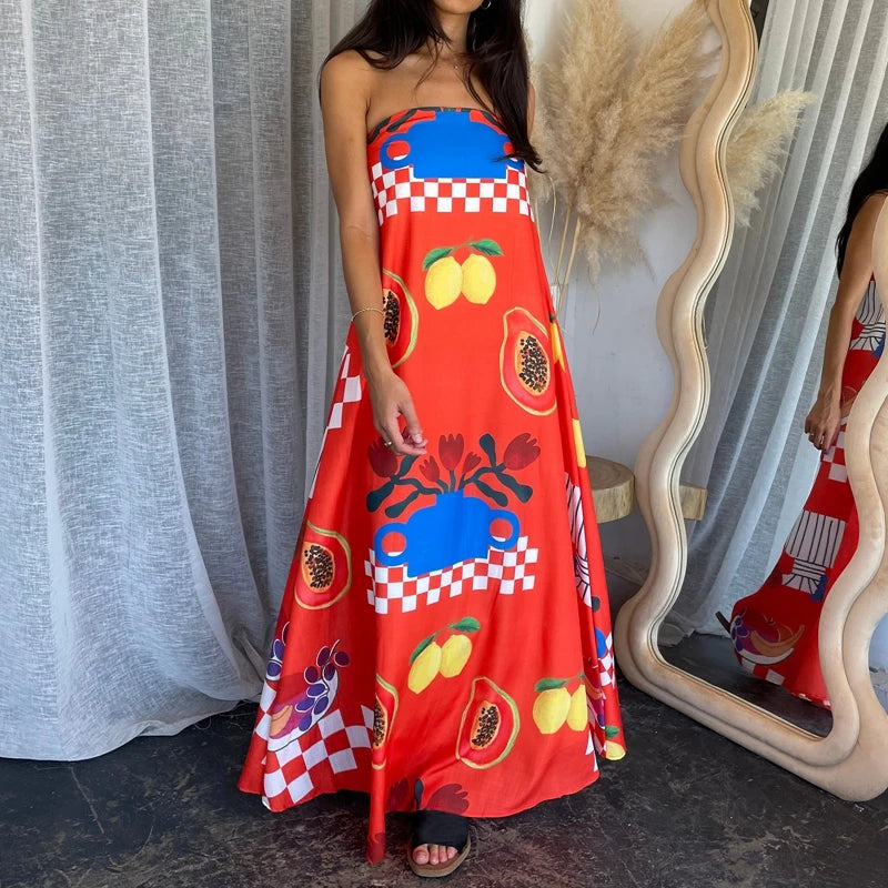 Beach Holiday Strapless Maxi Tube Dress Vintage Fruit Print Backless Swing Loose Dress Women Summer Boho Off Shoulder Long Dress