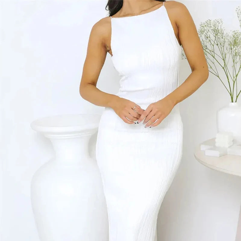 2024 Sexy Women Long Dress Ruched Sleeveless Slim Solid Summer Party Back Split Dress Clubwear Female Vestido Outfits